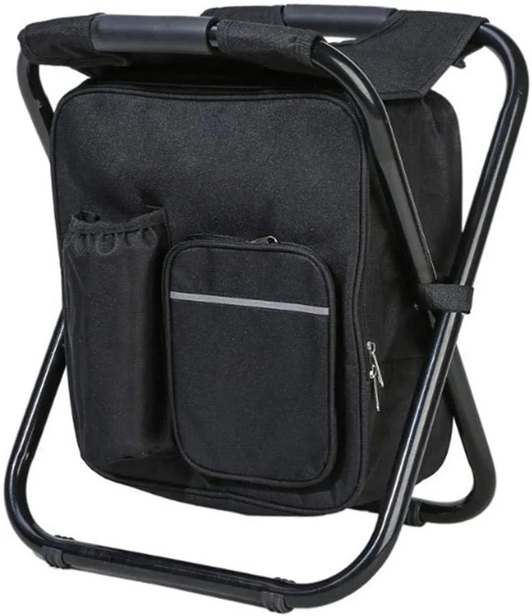 Outdoor Folding Camping Fishing Chair Stool Portable Backpack Cooler Insulated Picnic Bag Hiking Seat Table Bag-Black