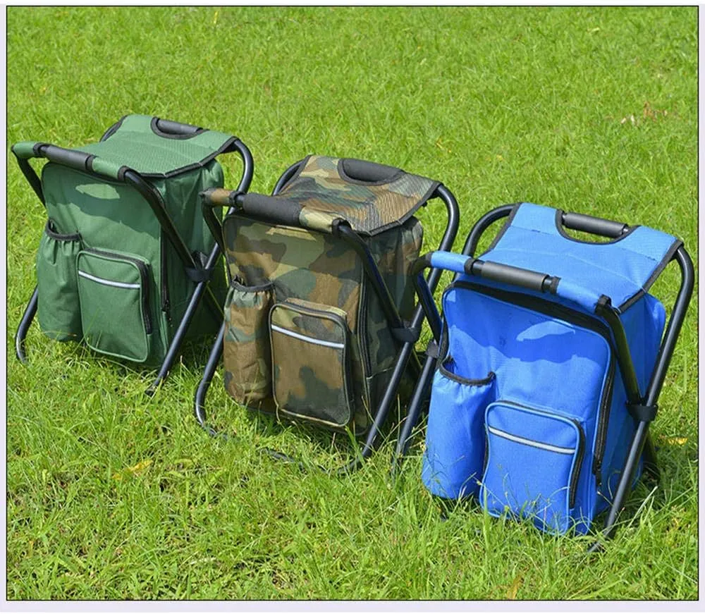 Outdoor Folding Camping Fishing Chair Stool Portable Backpack Cooler Insulated Picnic Bag Hiking Seat Table Bag-Blue