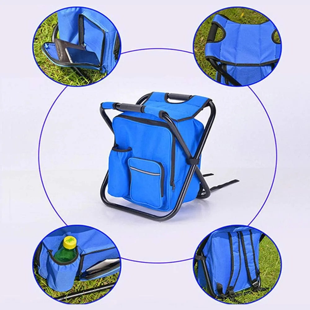 Outdoor Folding Camping Fishing Chair Stool Portable Backpack Cooler Insulated Picnic Bag Hiking Seat Table Bag-Blue