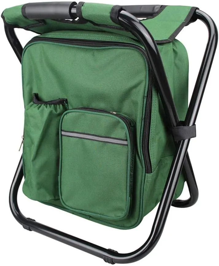 Outdoor Folding Camping Fishing Chair Stool Portable Backpack Cooler Insulated Picnic Bag Hiking Seat Table Bag-Green