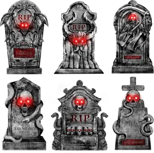 Outdoor Halloween Decorations Graveyard Tombstones: 6ct Large Halloween Headstone Yard Signs with Stakes, Red LED Lights in Eyes, 16" Scary Skeleton RIP Gravestone Decor for Home, Battery NOT Included