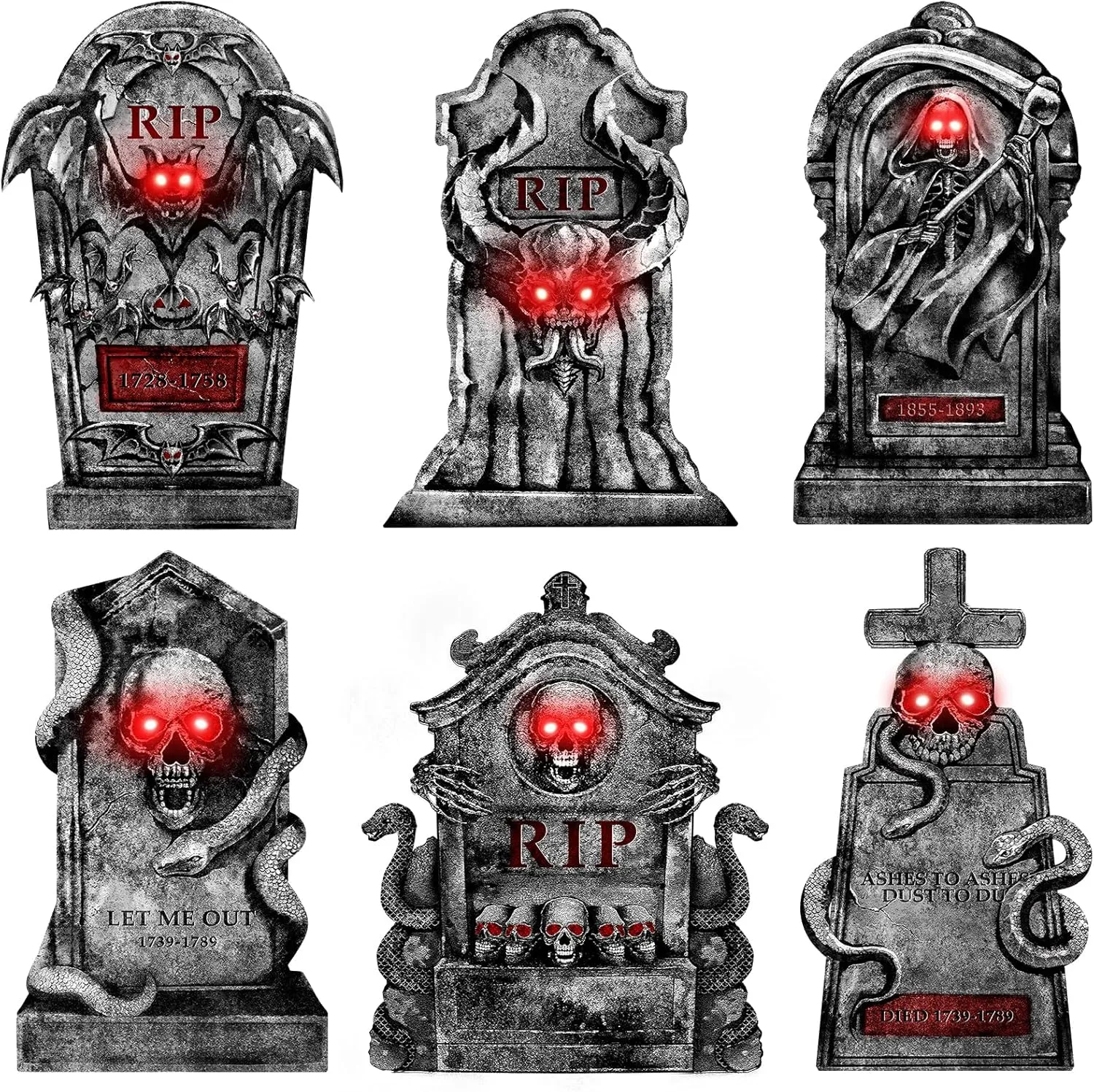Outdoor Halloween Decorations Graveyard Tombstones: 6ct Large Halloween Headstone Yard Signs with Stakes, Red LED Lights in Eyes, 16" Scary Skeleton RIP Gravestone Decor for Home, Battery NOT Included