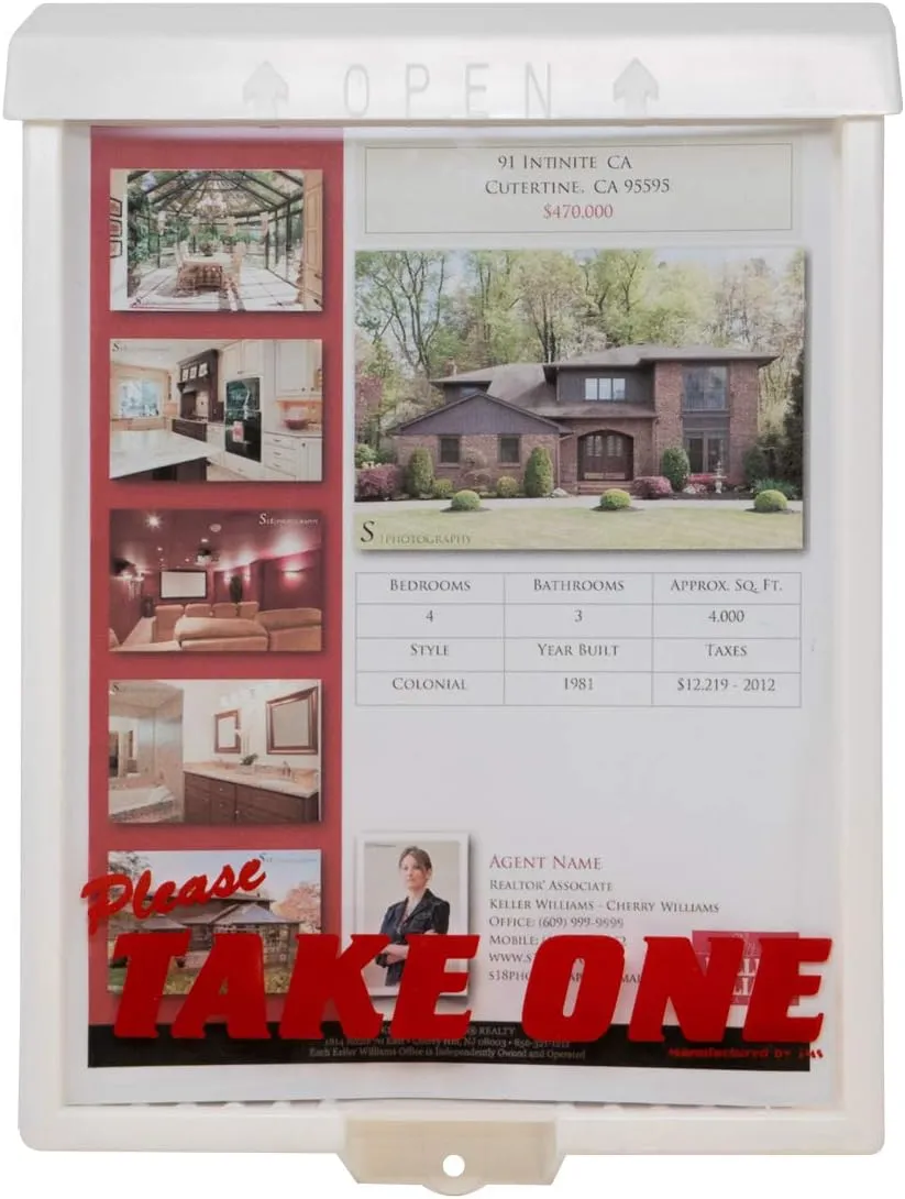 Outdoor Real Estate Brochure Box with Snap Shut Lid, Take One Document Holder Can Hold 100, 8.5 x 11 Documents, Flyers, Literature and Other Outdoor Marketing Needs