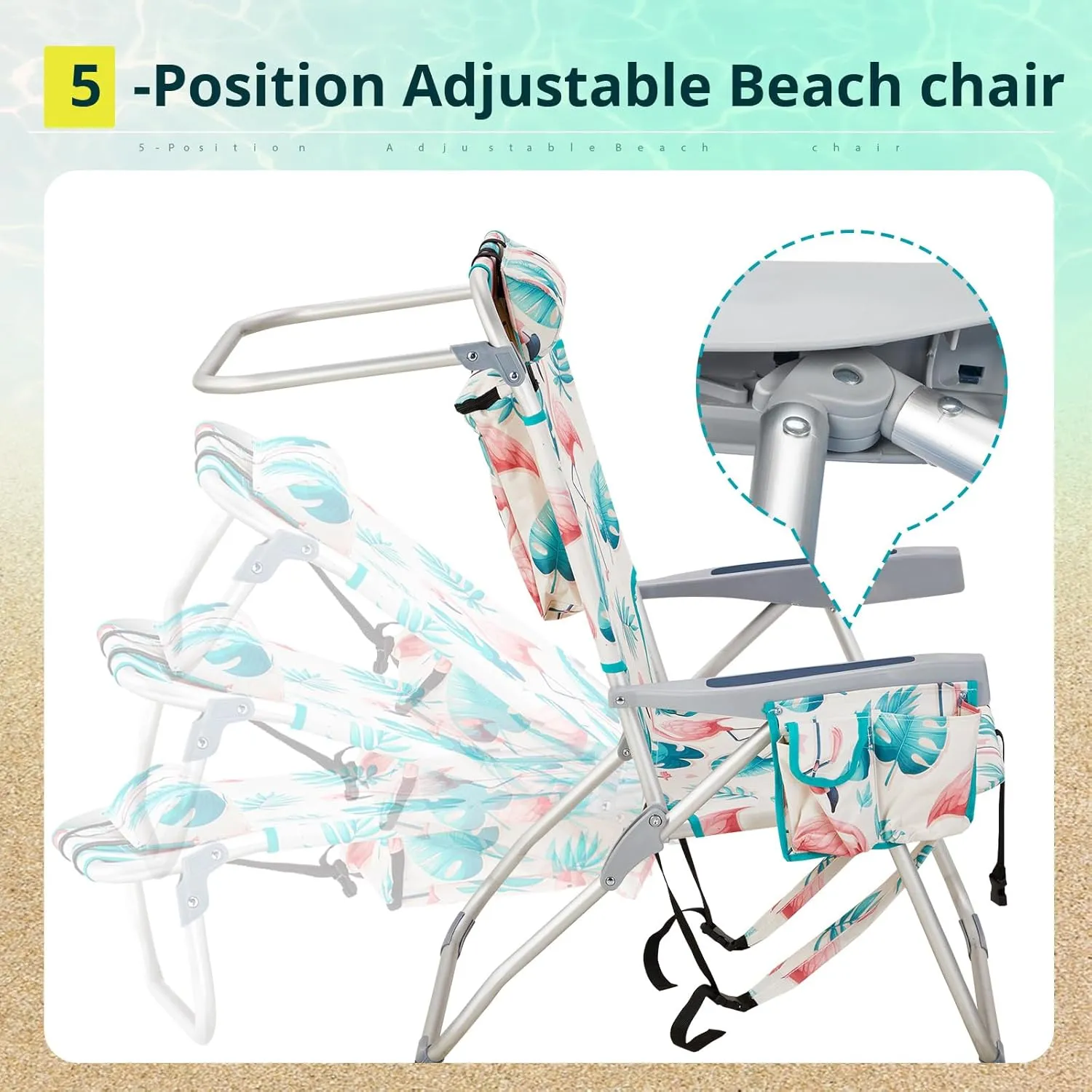 Outvita Backpack Beach Chair, 5 Level Adjustable Positions Beach Chair with Back Storage Bag, Cooler Pouch and Side Bags for Beach Poolside Lawn