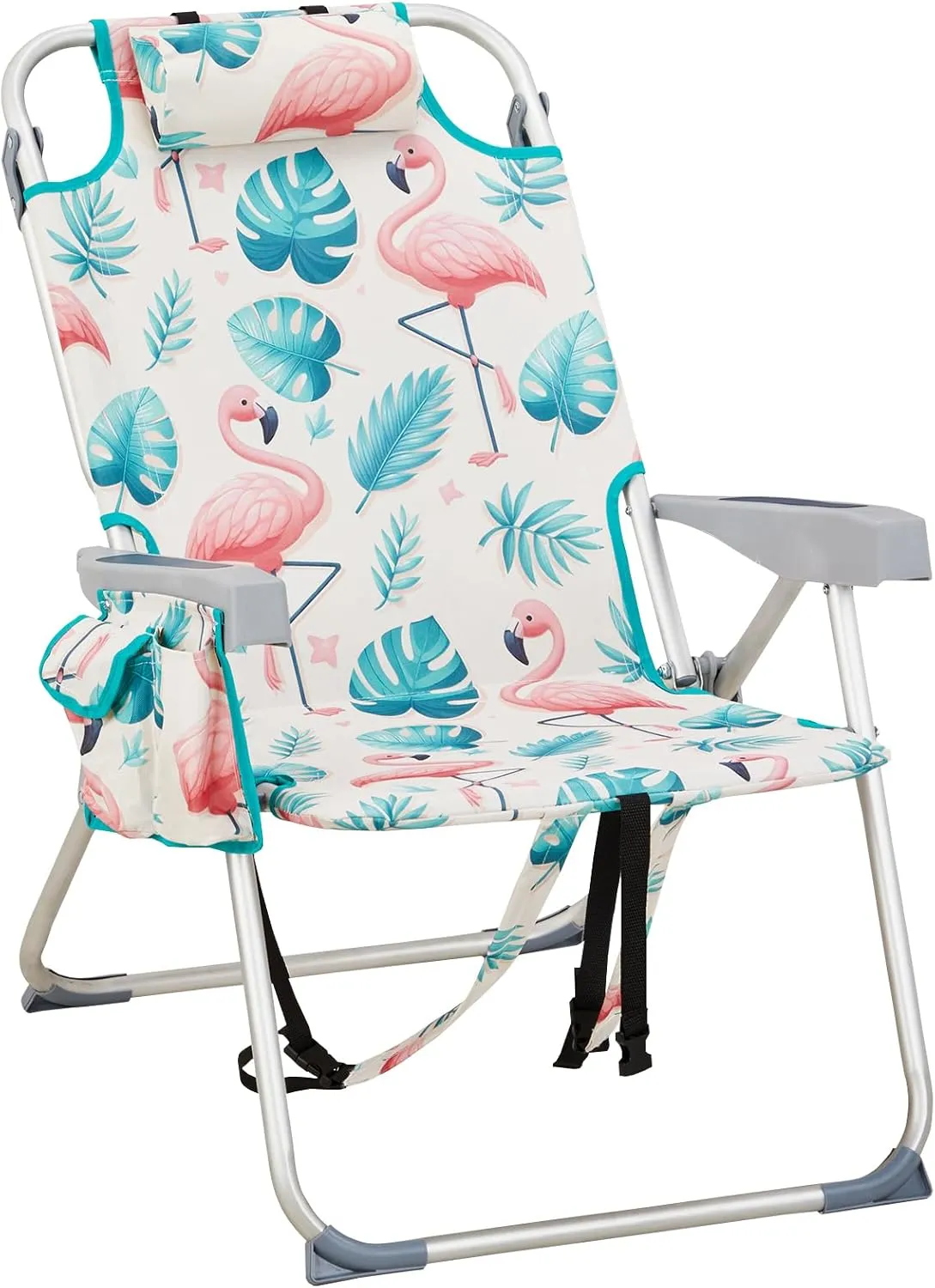Outvita Backpack Beach Chair, 5 Level Adjustable Positions Beach Chair with Back Storage Bag, Cooler Pouch and Side Bags for Beach Poolside Lawn