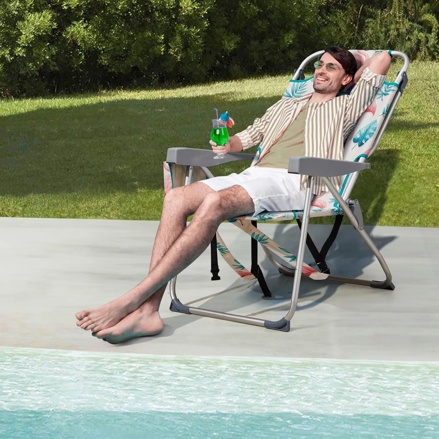 Outvita Backpack Beach Chair, 5 Level Adjustable Positions Beach Chair with Back Storage Bag, Cooler Pouch and Side Bags for Beach Poolside Lawn