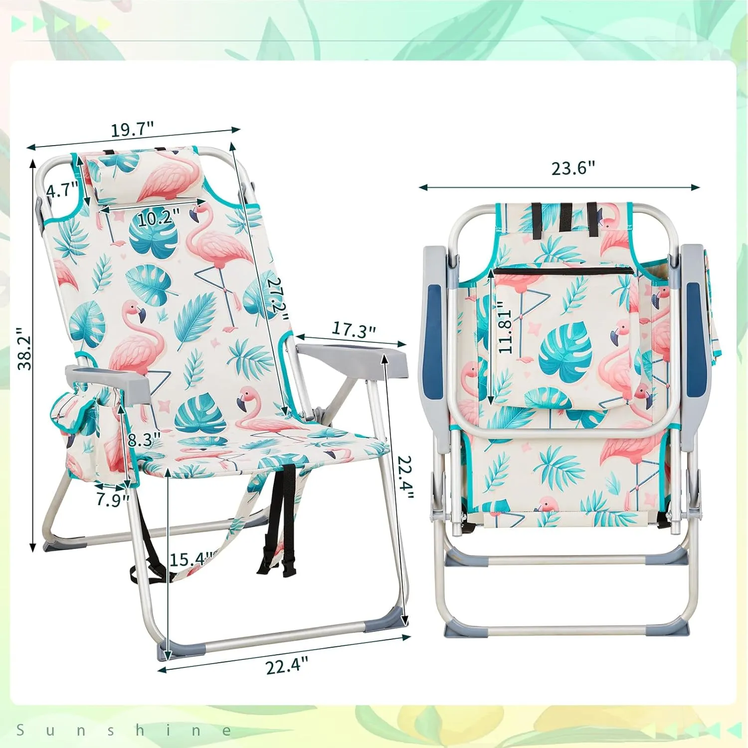 Outvita Backpack Beach Chair, 5 Level Adjustable Positions Beach Chair with Back Storage Bag, Cooler Pouch and Side Bags for Beach Poolside Lawn