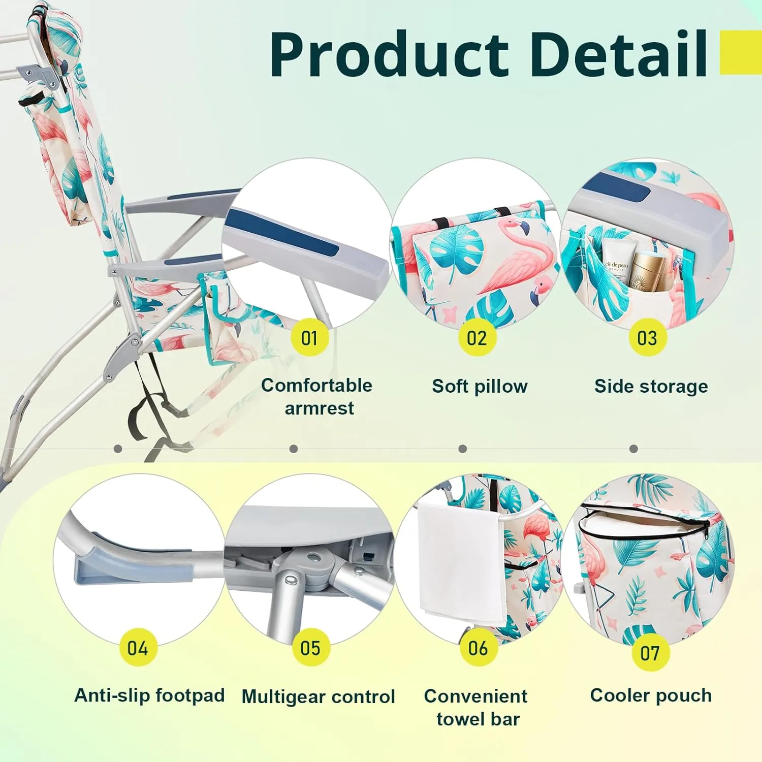 Outvita Backpack Beach Chair, 5 Level Adjustable Positions Beach Chair with Back Storage Bag, Cooler Pouch and Side Bags for Beach Poolside Lawn