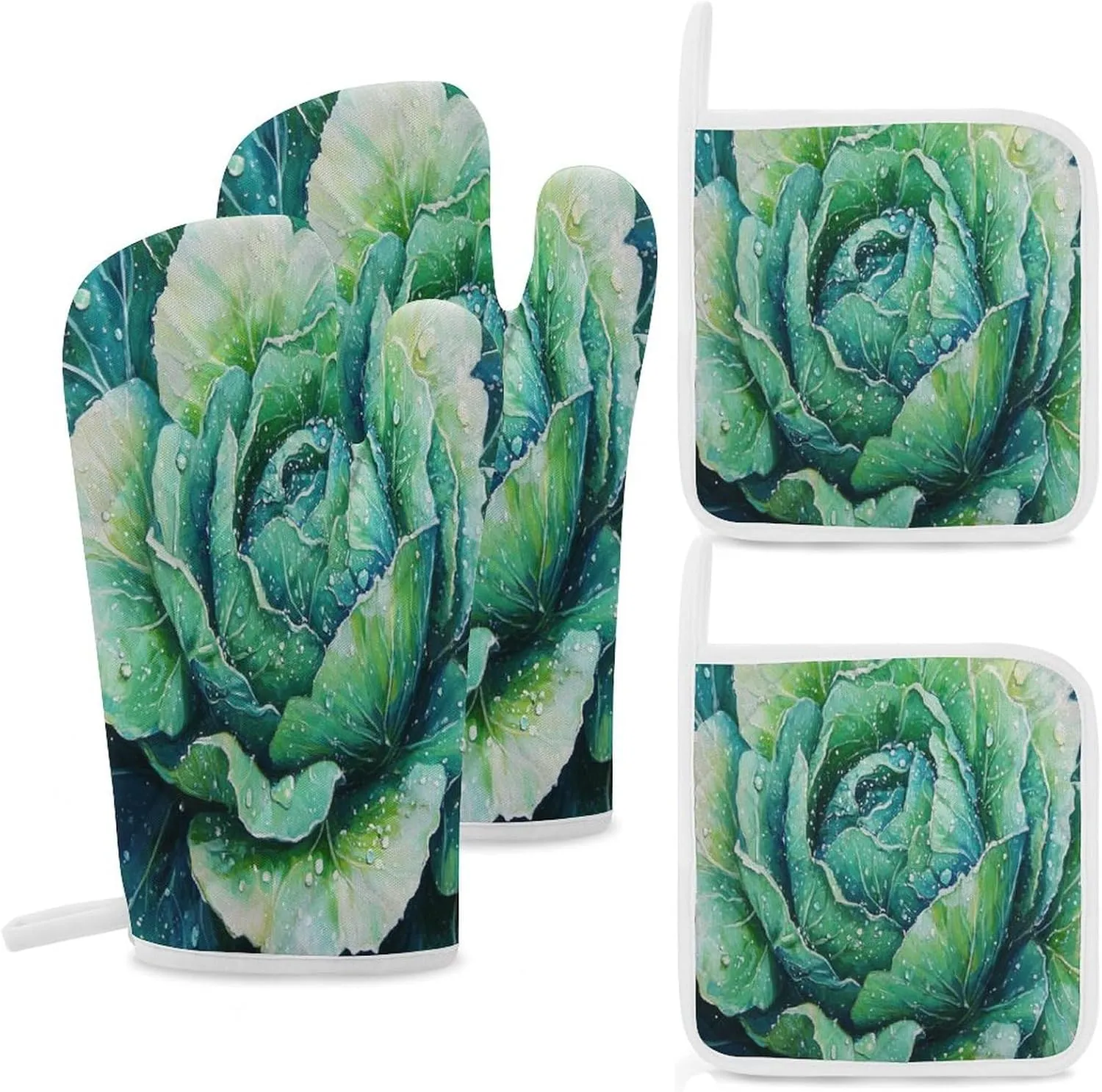 Oven Mitts and Pot Holders Cabbage Leaves Picture Oven Mitt and Hot Pad Funny Realistic Food Resistant Hot Pads with Polyester Non-Slip BBQ Gloves for Safe BBQ Cooking Baking Grilling Set of 4