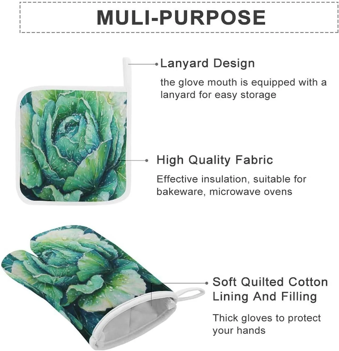 Oven Mitts and Pot Holders Cabbage Leaves Picture Oven Mitt and Hot Pad Funny Realistic Food Resistant Hot Pads with Polyester Non-Slip BBQ Gloves for Safe BBQ Cooking Baking Grilling Set of 4