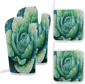 Oven Mitts and Pot Holders Cabbage Leaves Picture Oven Mitt and Hot Pad Funny Realistic Food Resistant Hot Pads with Polyester Non-Slip BBQ Gloves for Safe BBQ Cooking Baking Grilling Set of 4