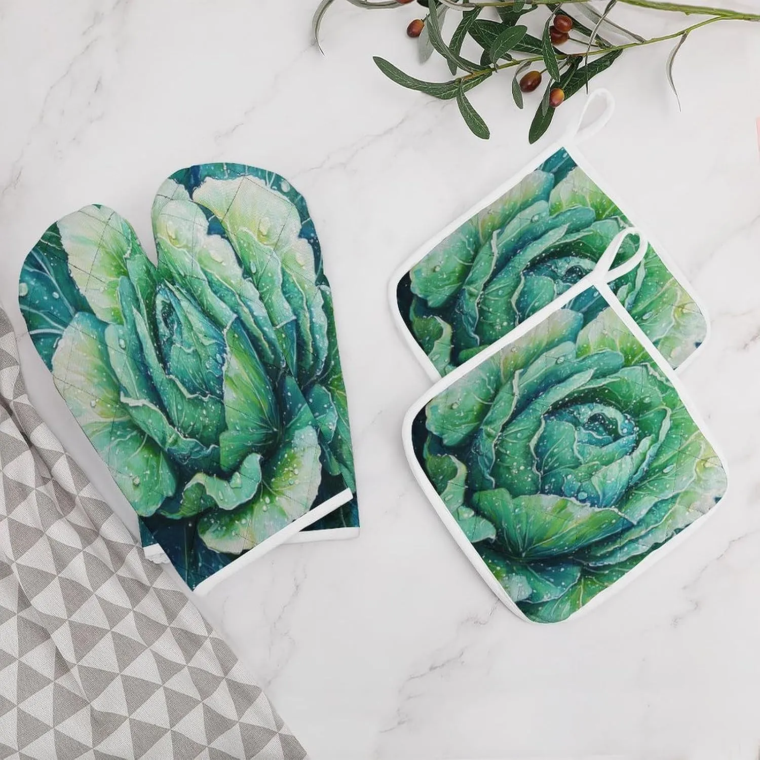 Oven Mitts and Pot Holders Cabbage Leaves Picture Oven Mitt and Hot Pad Funny Realistic Food Resistant Hot Pads with Polyester Non-Slip BBQ Gloves for Safe BBQ Cooking Baking Grilling Set of 4