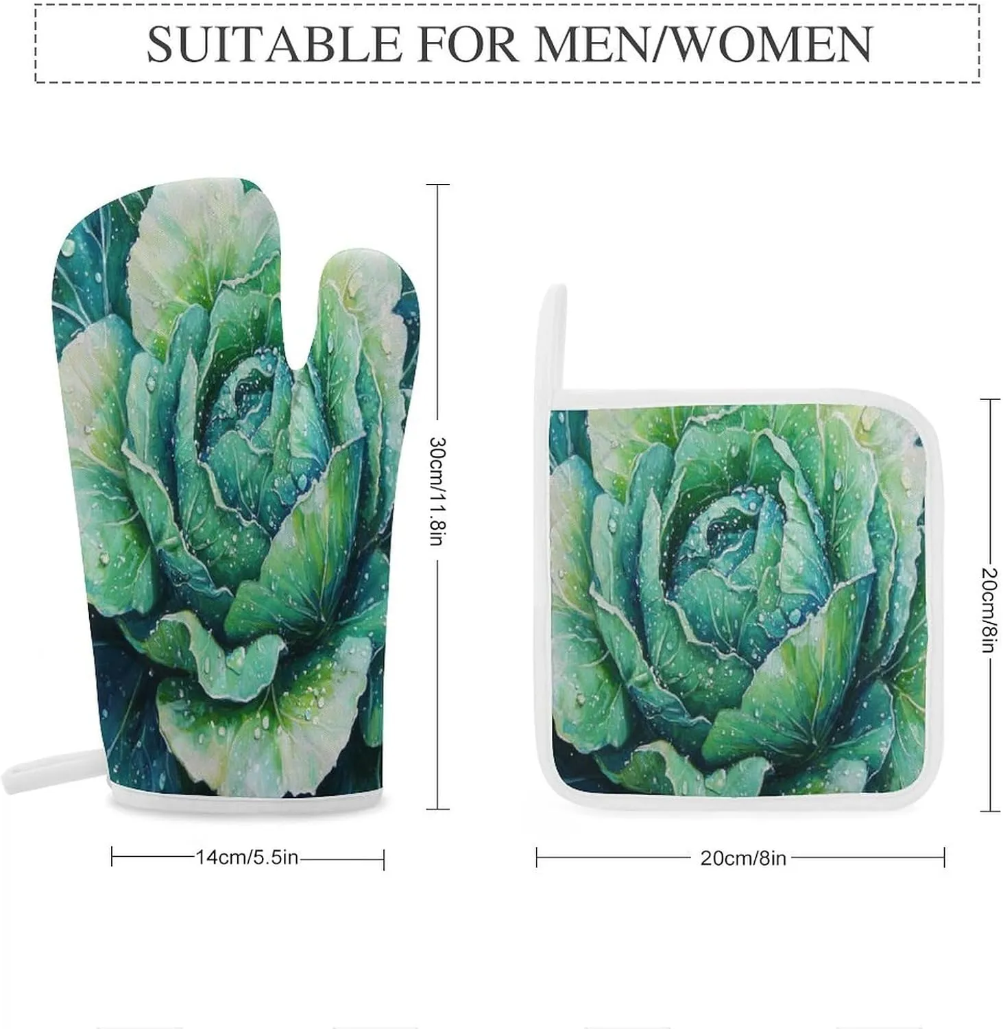 Oven Mitts and Pot Holders Cabbage Leaves Picture Oven Mitt and Hot Pad Funny Realistic Food Resistant Hot Pads with Polyester Non-Slip BBQ Gloves for Safe BBQ Cooking Baking Grilling Set of 4