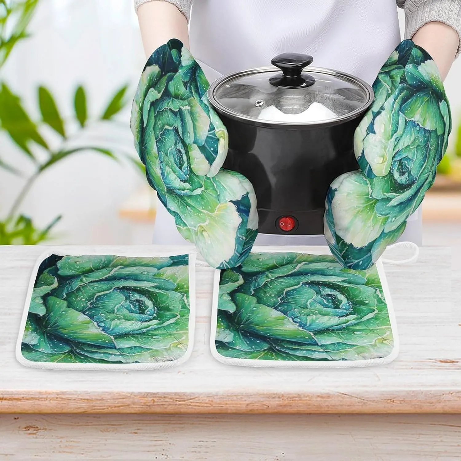 Oven Mitts and Pot Holders Cabbage Leaves Picture Oven Mitt and Hot Pad Funny Realistic Food Resistant Hot Pads with Polyester Non-Slip BBQ Gloves for Safe BBQ Cooking Baking Grilling Set of 4