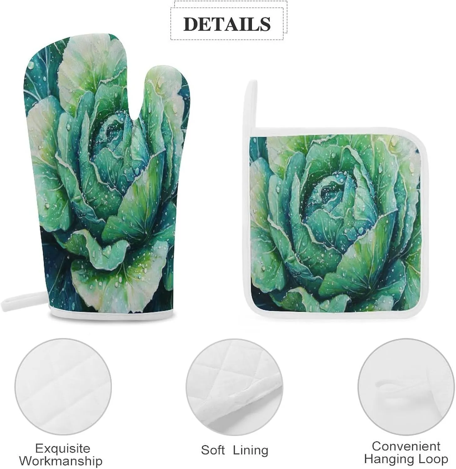 Oven Mitts and Pot Holders Cabbage Leaves Picture Oven Mitt and Hot Pad Funny Realistic Food Resistant Hot Pads with Polyester Non-Slip BBQ Gloves for Safe BBQ Cooking Baking Grilling Set of 4