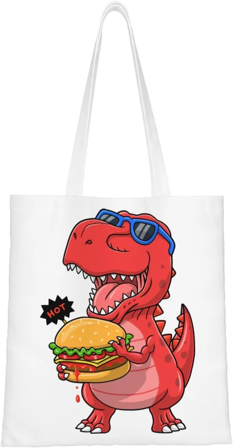 Overbearing Dinosaur Eating Burgers Cartoon Tote Bag for Women Canvas Shopping Bags Reusable Large Capacity Casual Shoulder Handbags Grocery Bags