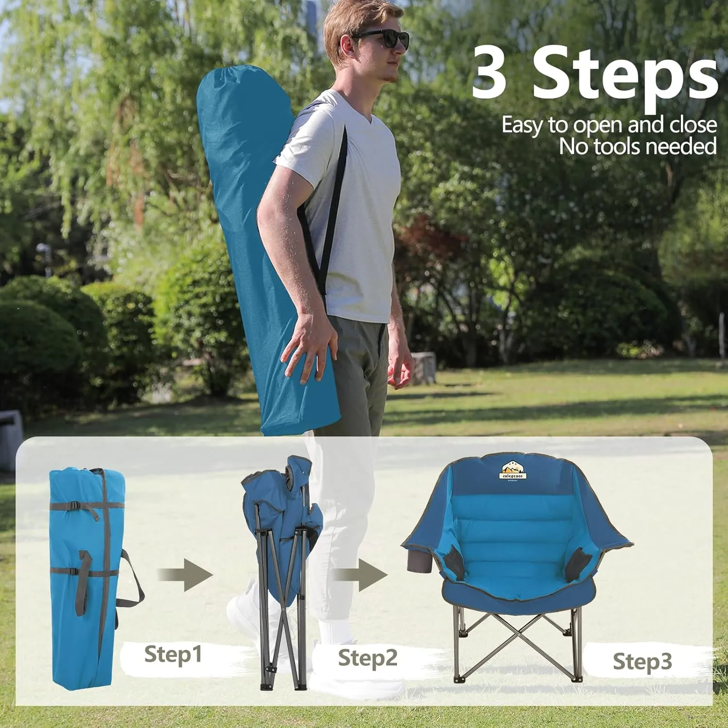 Oversized XL Padded Camping Chair Set of 2 Wide Heavy Duty Lawn Chairs Support 450 LBS Portable Folding Gaint Plus Camp Chair for Outdoor Outside Sports Baseball Soccer-Blue