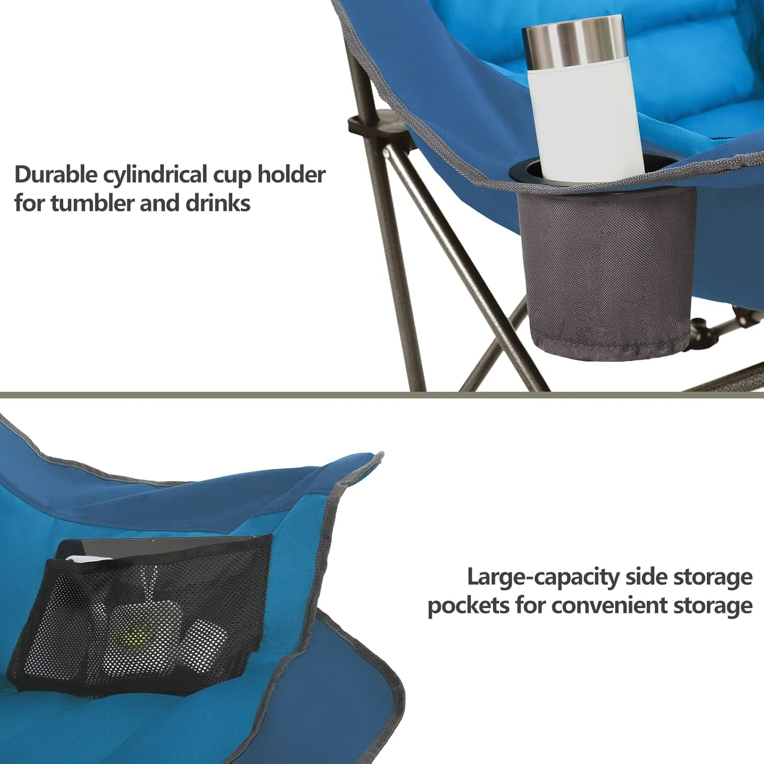 Oversized XL Padded Camping Chair Set of 2 Wide Heavy Duty Lawn Chairs Support 450 LBS Portable Folding Gaint Plus Camp Chair for Outdoor Outside Sports Baseball Soccer-Blue
