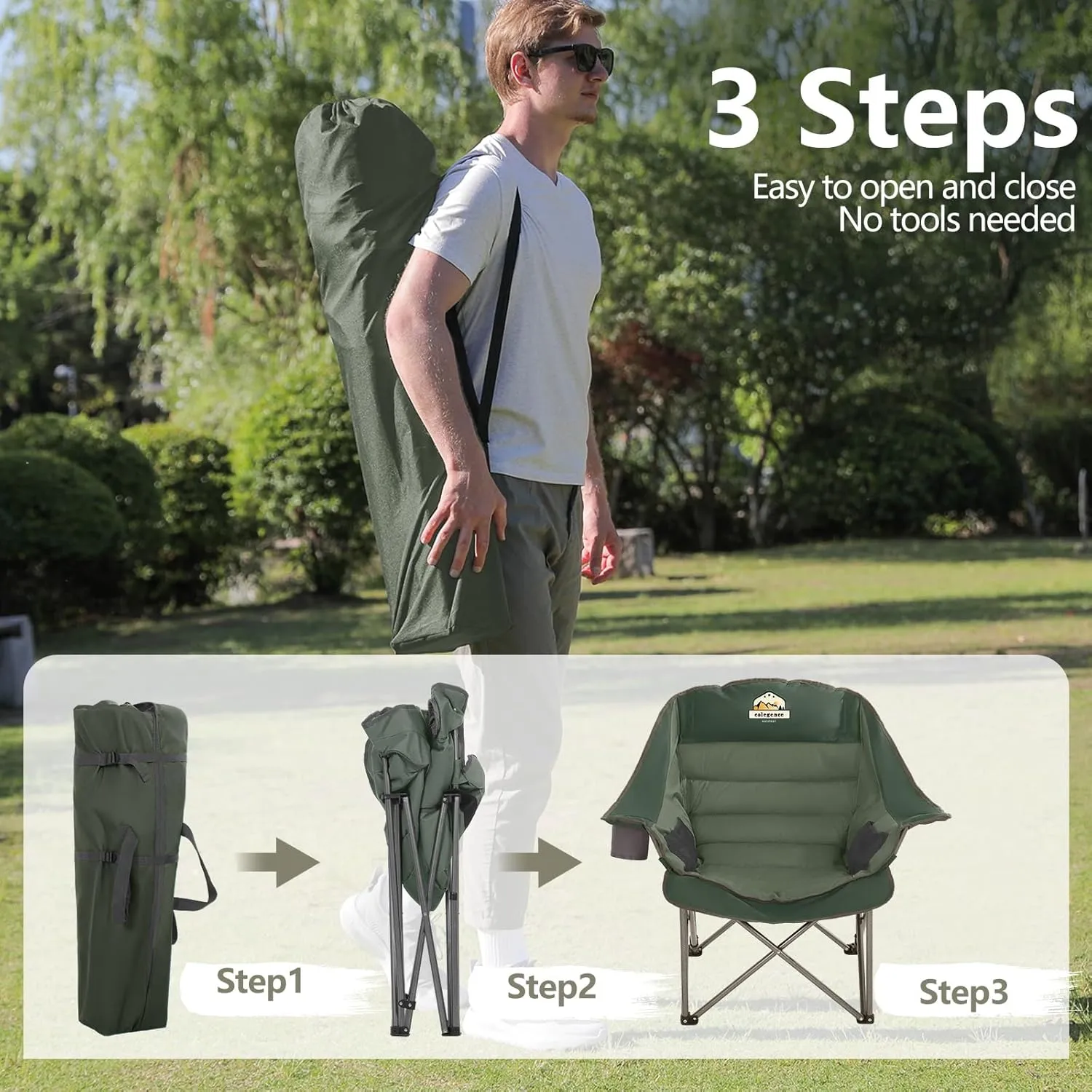 Oversized XL Padded Camping Chair Set of 2 Wide Heavy Duty Lawn Chairs Support 450 LBS Portable Folding Gaint Plus Camp Chair for Outdoor Outside Sports Baseball Soccer-Green