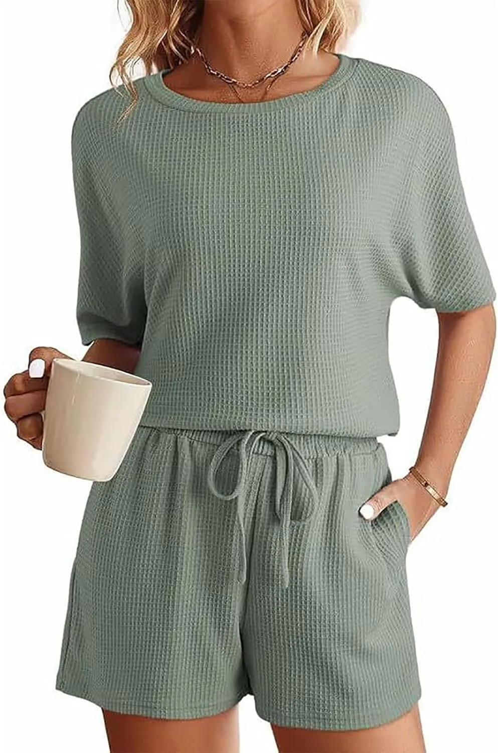 Pajama Set Drawstring For Women 2 Piece Short Sleeve Crewneck Sleepwear Top And Shorts Soft Comfy Pj Lounge Sets