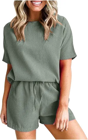 Pajama Set Drawstring For Women 2 Piece Short Sleeve Crewneck Sleepwear Top And Shorts Soft Comfy Pj Lounge Sets
