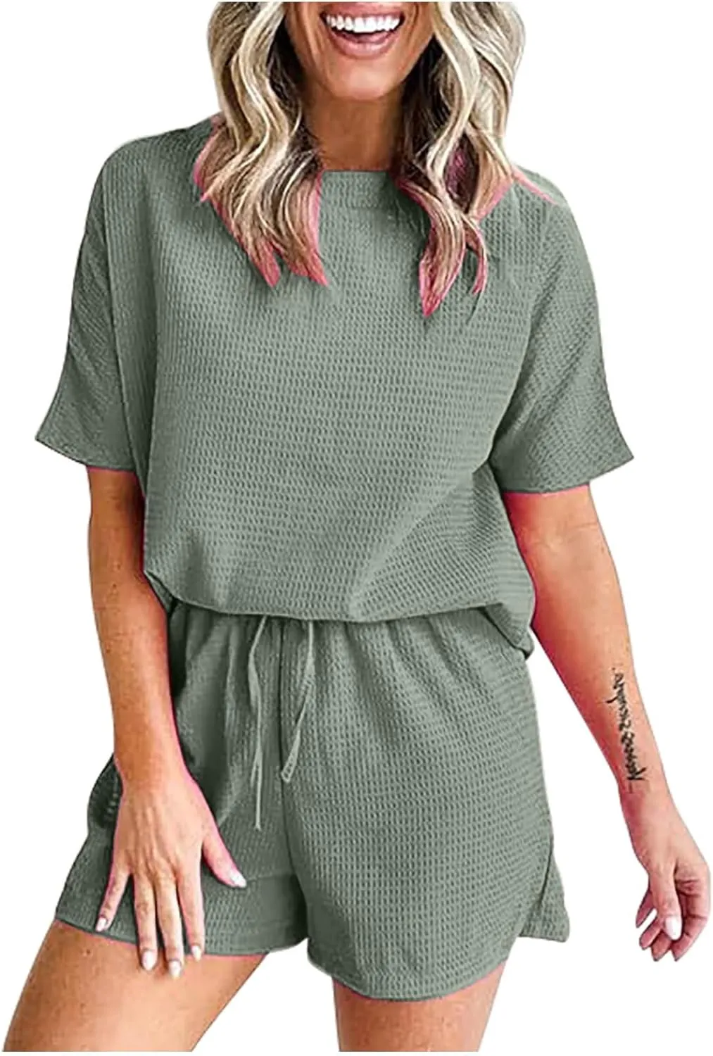 Pajama Set Drawstring For Women 2 Piece Short Sleeve Crewneck Sleepwear Top And Shorts Soft Comfy Pj Lounge Sets