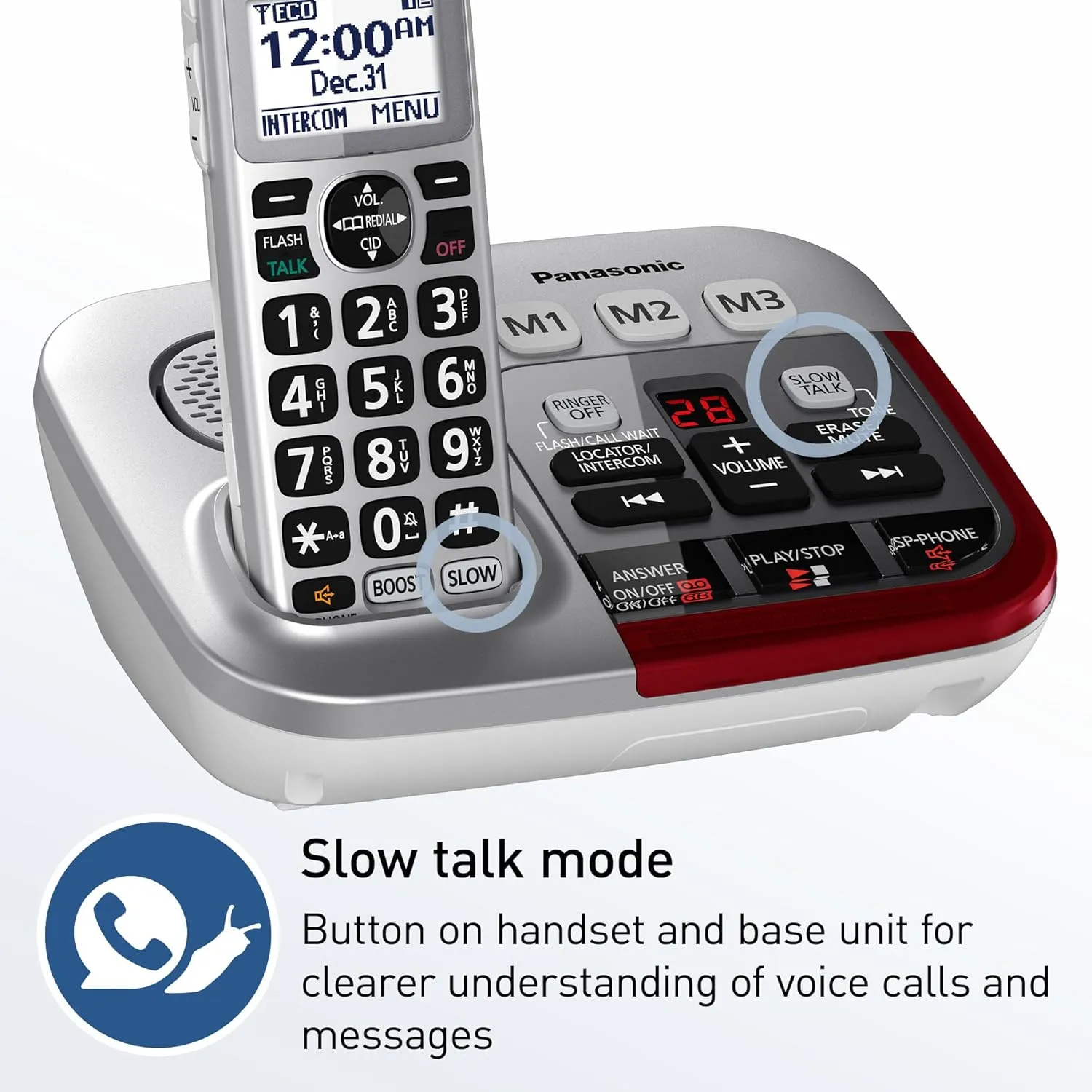 Panasonic 1 Handest Amplified Cordless Phone with Slow Talk, 50dB Volume Boost, 112dB Lound Visual Ringer, Hearing Aid Compatibility, Large Screen and Backlit Keypad - KX-TGM450S (Silver)