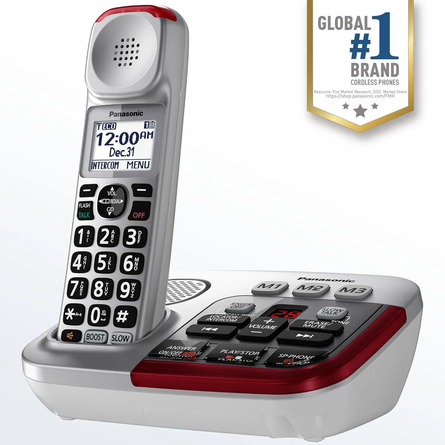 Panasonic 1 Handest Amplified Cordless Phone with Slow Talk, 50dB Volume Boost, 112dB Lound Visual Ringer, Hearing Aid Compatibility, Large Screen and Backlit Keypad - KX-TGM450S (Silver)