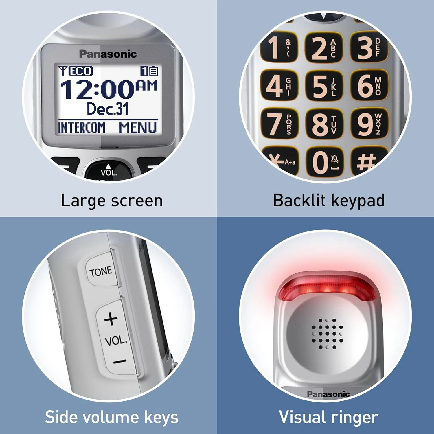 Panasonic 1 Handest Amplified Cordless Phone with Slow Talk, 50dB Volume Boost, 112dB Lound Visual Ringer, Hearing Aid Compatibility, Large Screen and Backlit Keypad - KX-TGM450S (Silver)