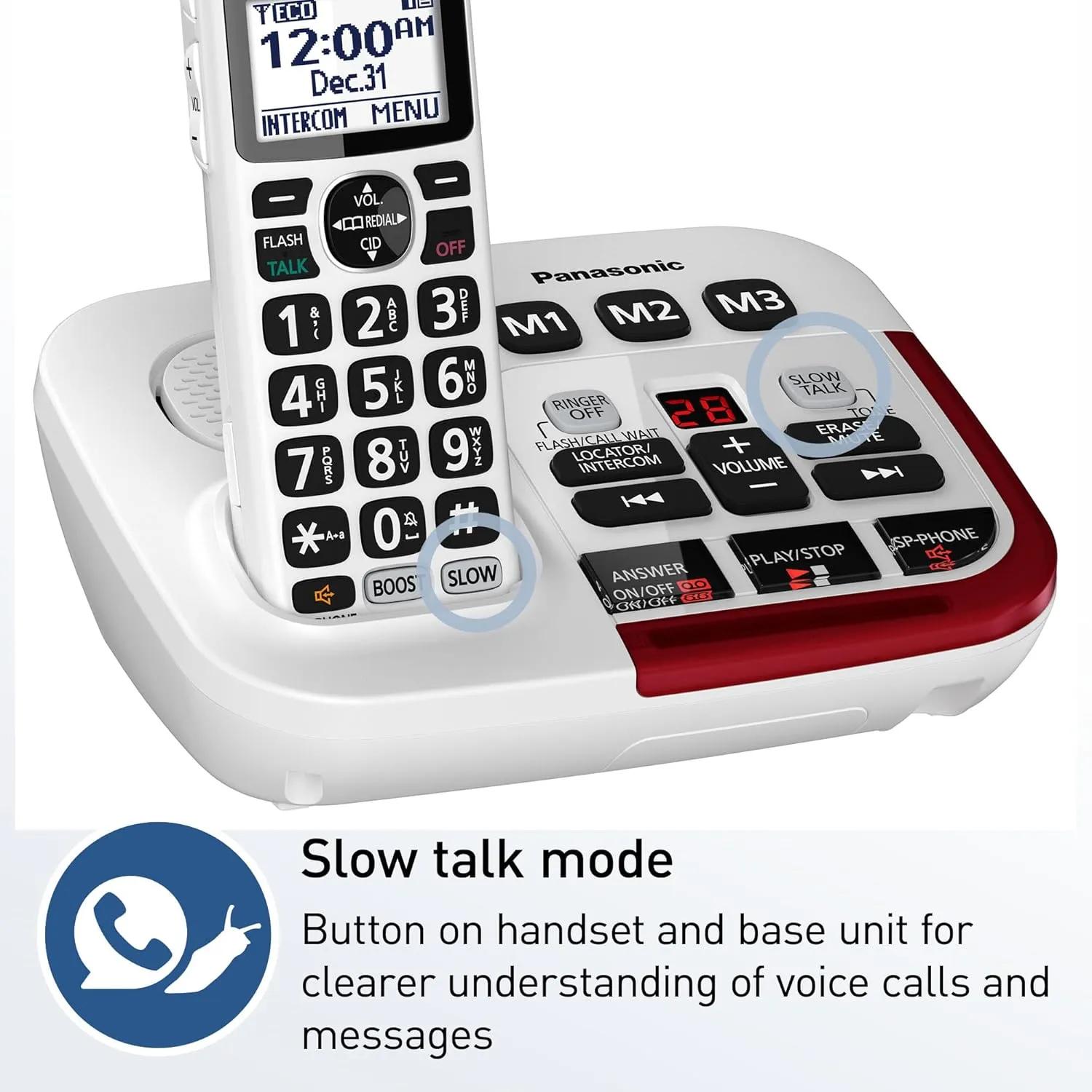 Panasonic 1 Handset Amplified Cordless Phone with Slow Talk, 40dB Volume Boost, 100dB Loud Visual Ringer, Hearing Aid Compatibility, Large Screen and Backlit Keypad - KX-TGM420W (White)