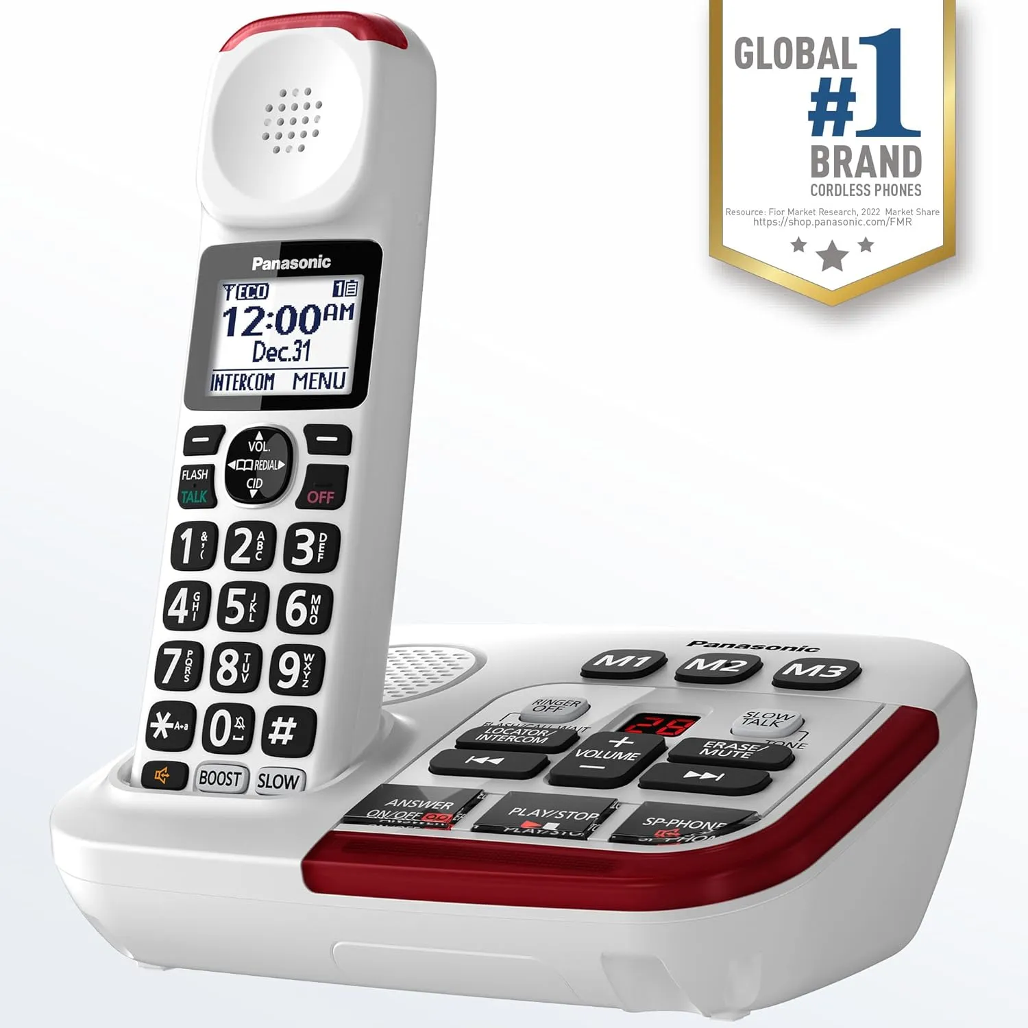 Panasonic 1 Handset Amplified Cordless Phone with Slow Talk, 40dB Volume Boost, 100dB Loud Visual Ringer, Hearing Aid Compatibility, Large Screen and Backlit Keypad - KX-TGM420W (White)