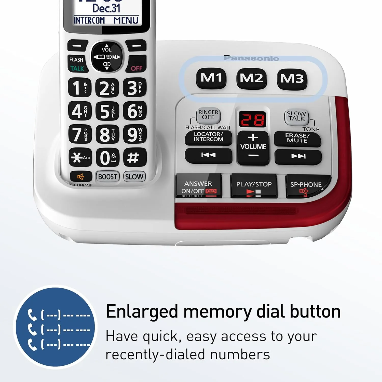 Panasonic 1 Handset Amplified Cordless Phone with Slow Talk, 40dB Volume Boost, 100dB Loud Visual Ringer, Hearing Aid Compatibility, Large Screen and Backlit Keypad - KX-TGM420W (White)