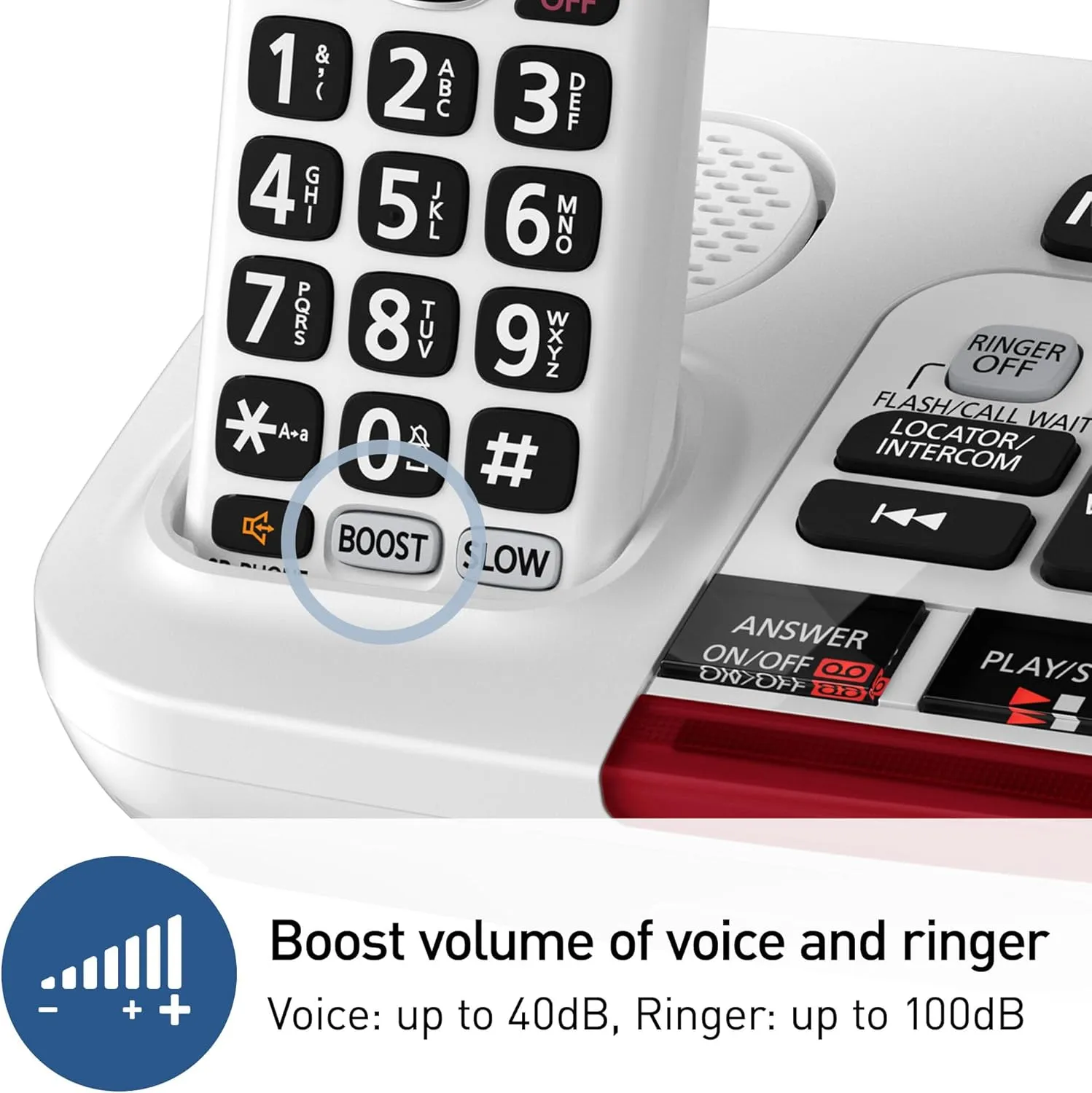 Panasonic 1 Handset Amplified Cordless Phone with Slow Talk, 40dB Volume Boost, 100dB Loud Visual Ringer, Hearing Aid Compatibility, Large Screen and Backlit Keypad - KX-TGM420W (White)