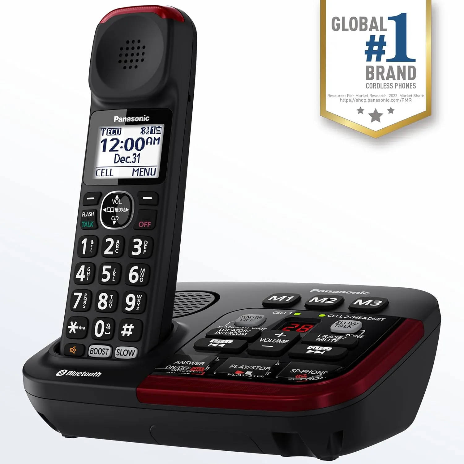 Panasonic 1 Handset Amplified Cordless Phone with Slow Talk, 40dB Volume Boost, 100dB Lound Visual Ringer, Hearing Aid Compatibility, Large Screen and Backlit Keypad, Link2Cell - KX-TGM430B (Black)