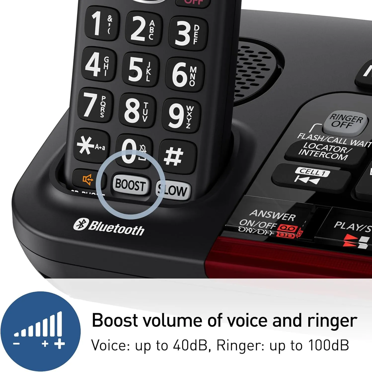 Panasonic 1 Handset Amplified Cordless Phone with Slow Talk, 40dB Volume Boost, 100dB Lound Visual Ringer, Hearing Aid Compatibility, Large Screen and Backlit Keypad, Link2Cell - KX-TGM430B (Black)
