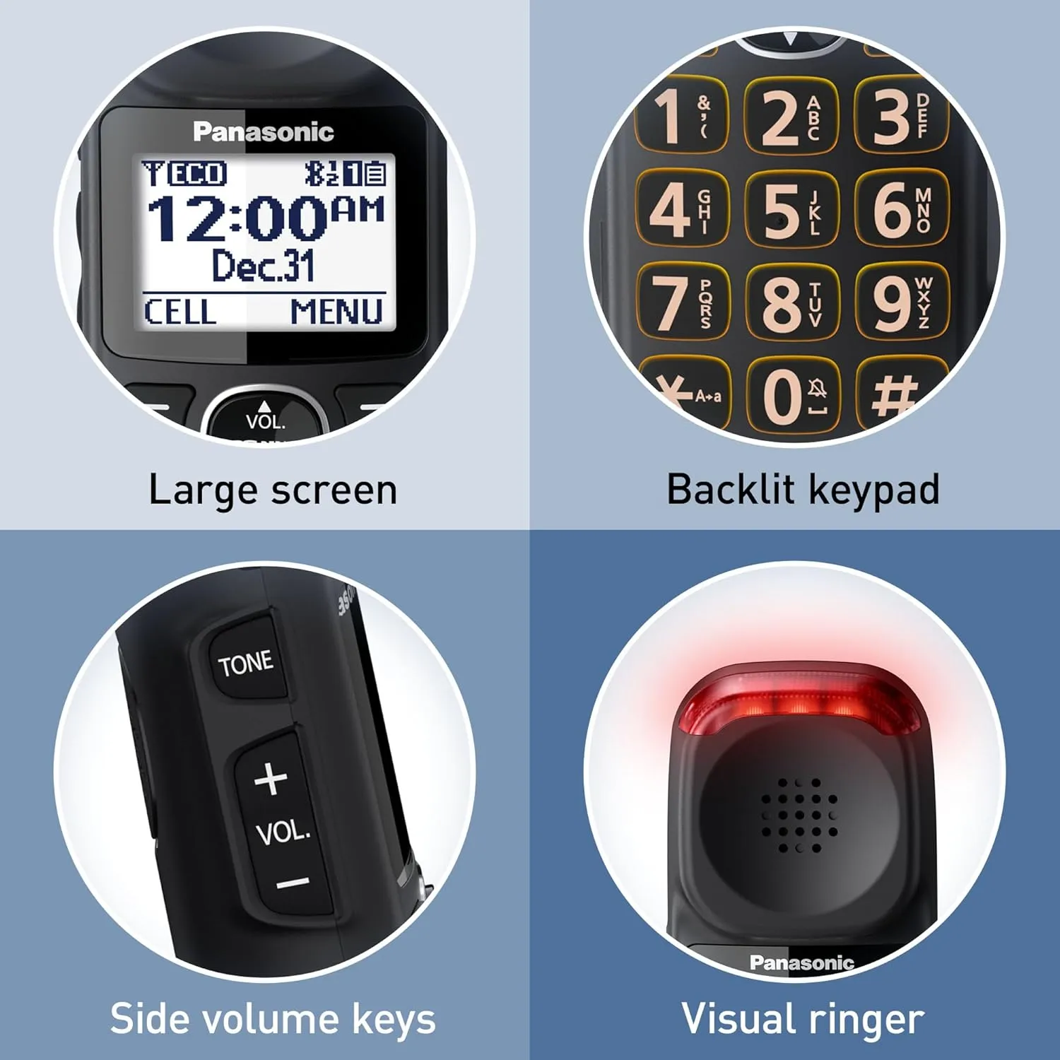 Panasonic 1 Handset Amplified Cordless Phone with Slow Talk, 40dB Volume Boost, 100dB Lound Visual Ringer, Hearing Aid Compatibility, Large Screen and Backlit Keypad, Link2Cell - KX-TGM430B (Black)