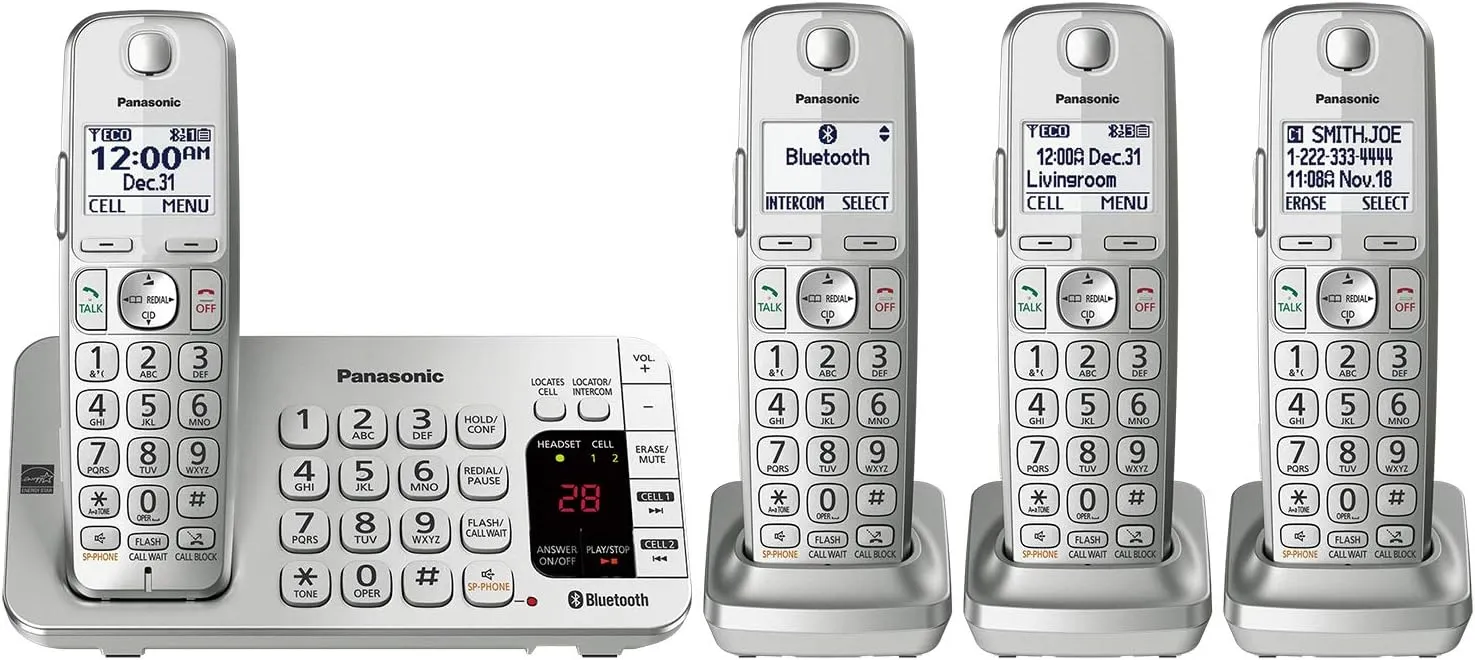 Panasonic Link2Cell Bluetooth Cordless DECT 6.0 Expandable Phone System with Answering Machine and Enhanced Noise Reduction - 4 Handsets - KX-TGE474S (Silver)