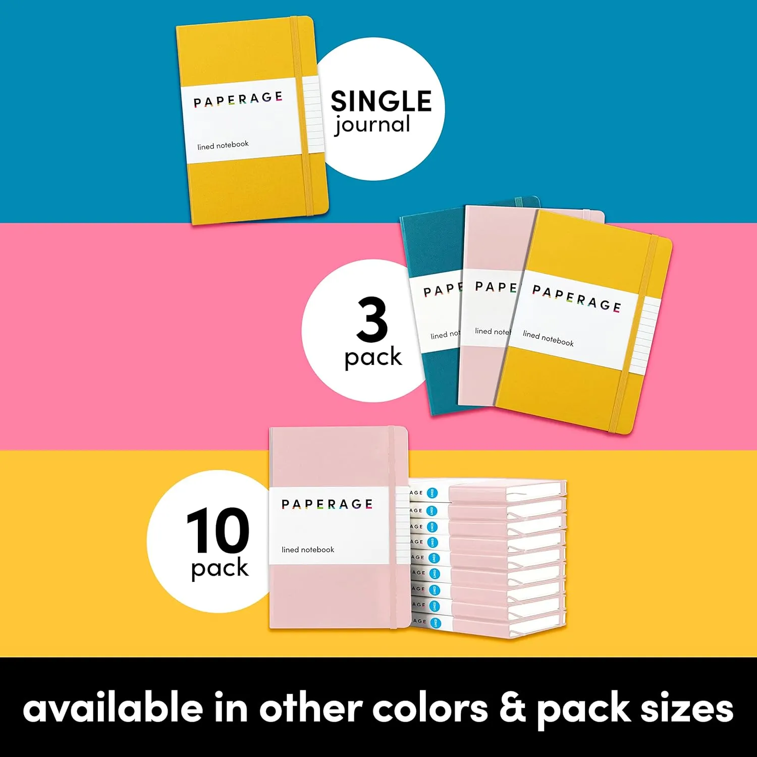 PAPERAGE Lined Journal Notebooks, 10 Pack, (Bright Rainbow), 160 Pages, Medium 5.6 inches x 8 inches - 100 gsm Thick Paper, Hardcover