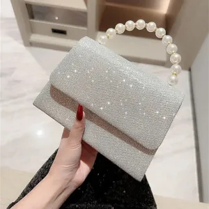 Pearl Chain Evening Clutch Elegant Gold Silk Purse