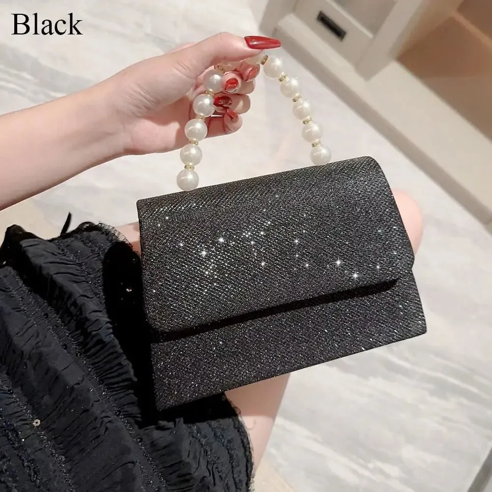 Pearl Chain Evening Clutch Elegant Gold Silk Purse