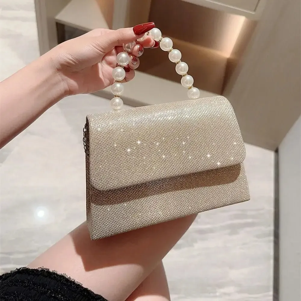 Pearl Chain Evening Clutch Elegant Gold Silk Purse