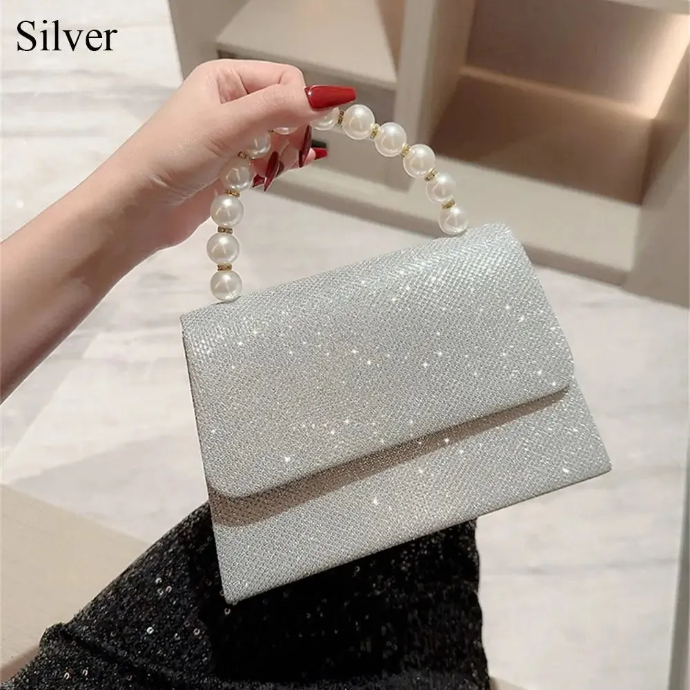 Pearl Chain Evening Clutch Elegant Gold Silk Purse