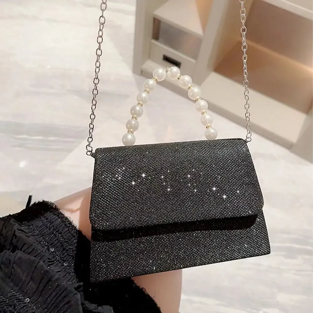 Pearl Chain Evening Clutch Elegant Gold Silk Purse