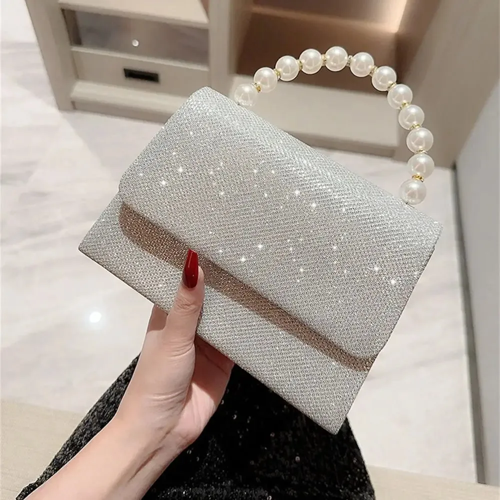 Pearl Chain Evening Clutch Elegant Gold Silk Purse