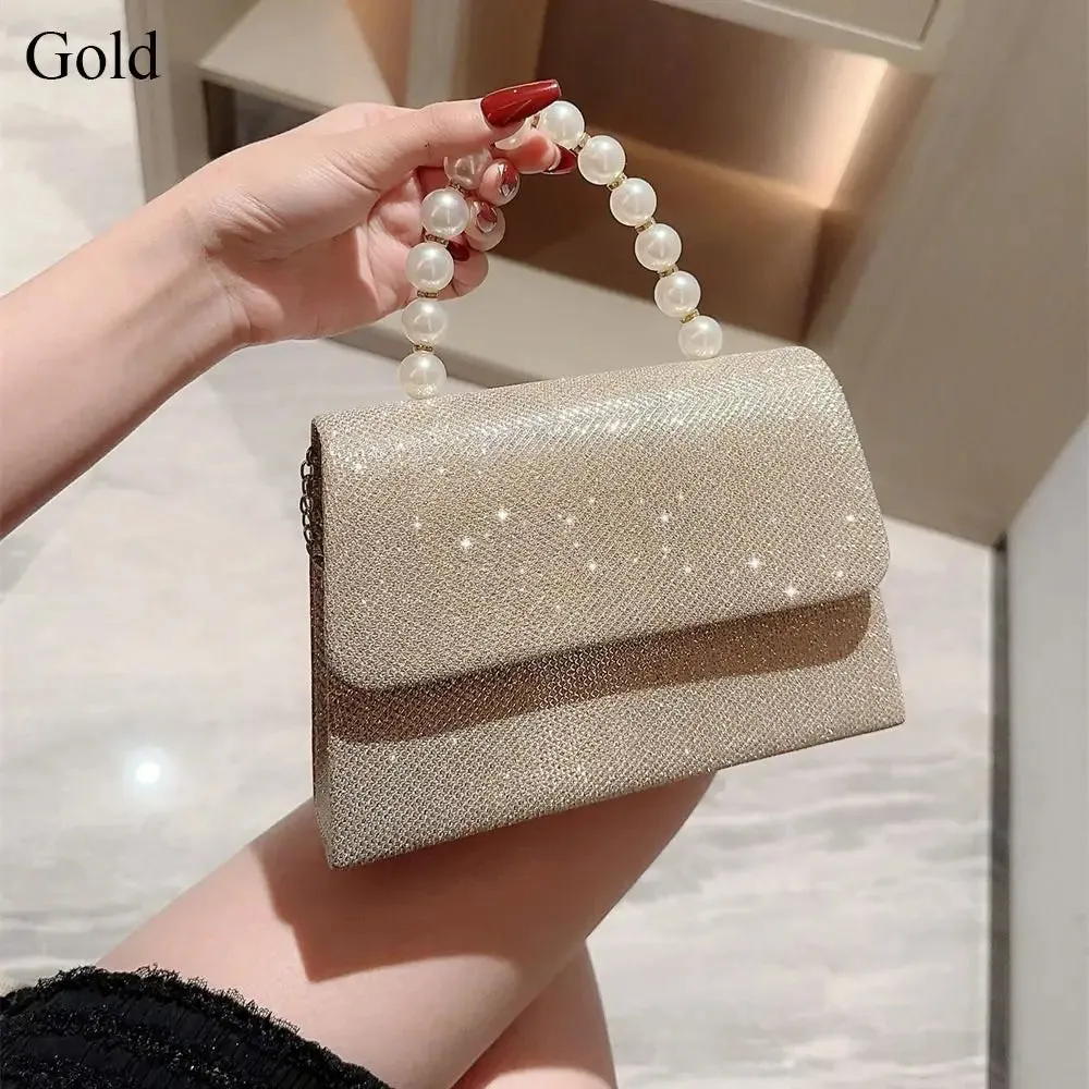 Pearl Chain Evening Clutch Elegant Gold Silk Purse