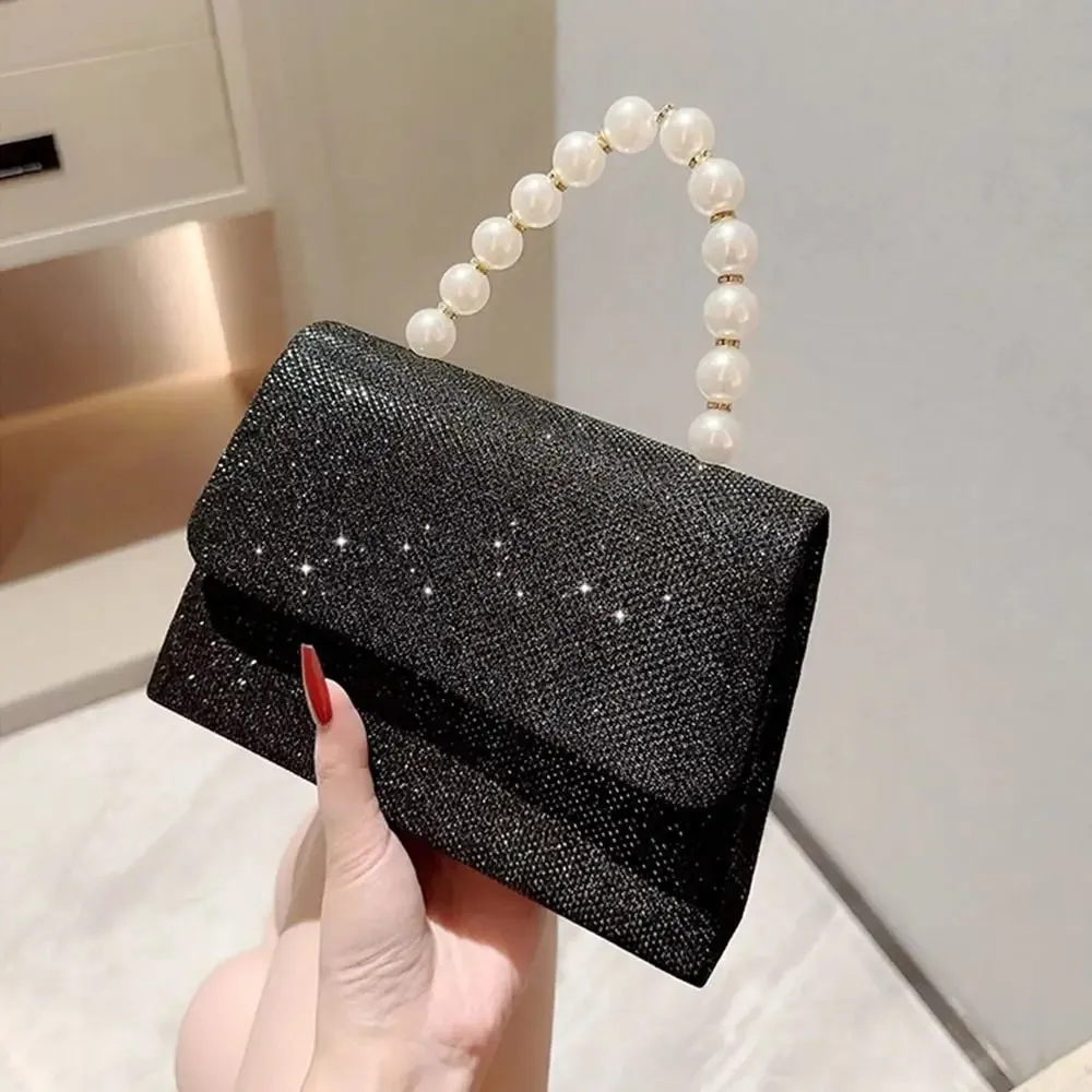 Pearl Chain Evening Clutch Elegant Gold Silk Purse