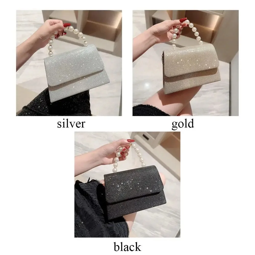 Pearl Chain Evening Clutch Elegant Gold Silk Purse