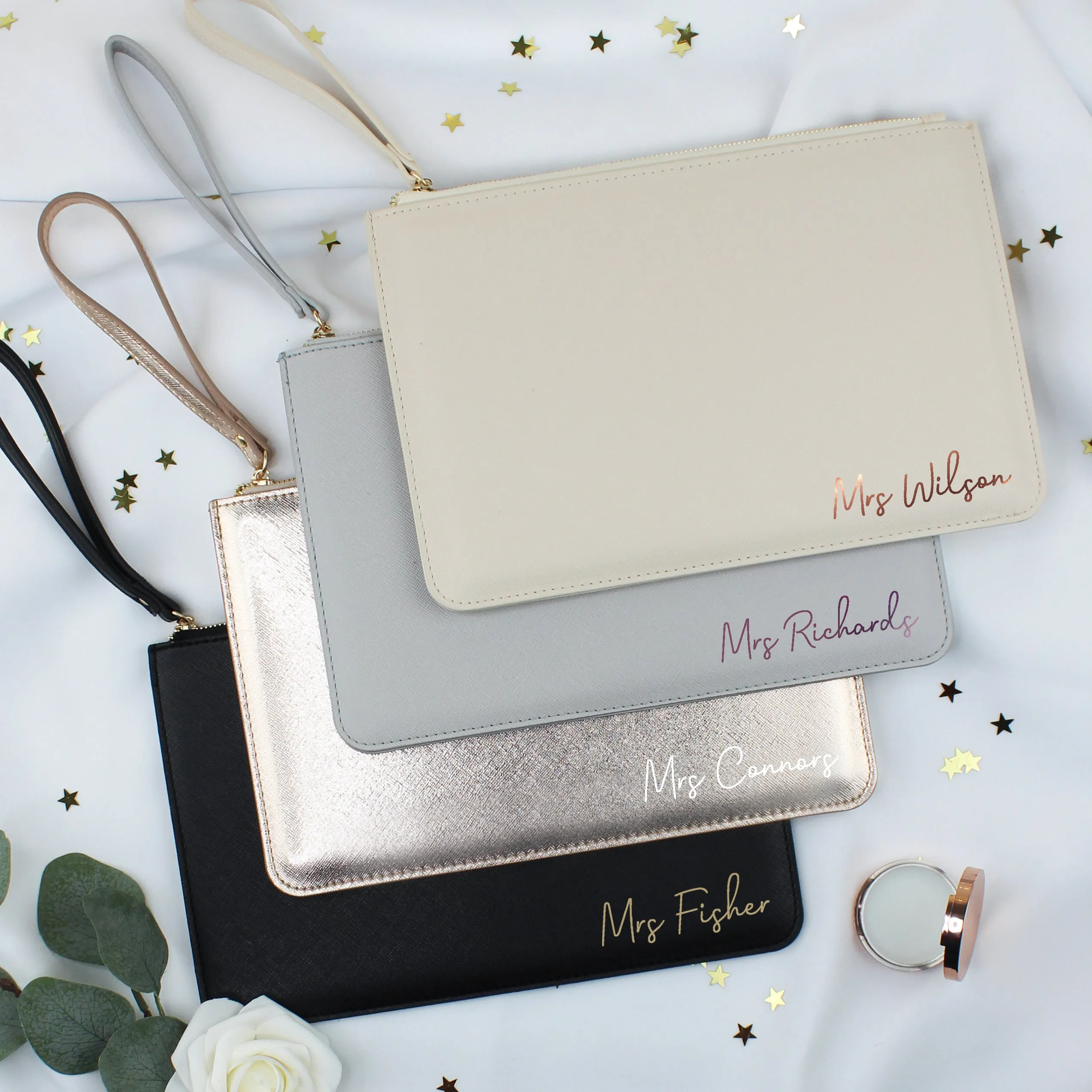 Personalised PU Leather "Mrs" Clutch Bag with Wristlet