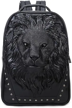 Personalized 3D Lion PU Leather Casual Laptop Backpack for Men Durable Travel Daypack (Black color)