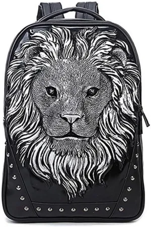 Personalized 3D Lion PU Leather Casual Laptop Backpack for Men Durable Travel Daypack (Silver color)